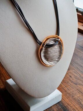 Chico's Vintage Textured Heavy Metal Pendant Statement Necklace Black Cord